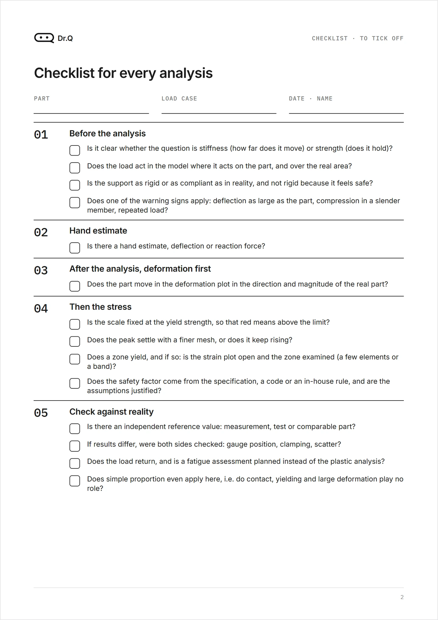 Page 2 of the PDF: the checklist with 14 questions in five stations, for printing.