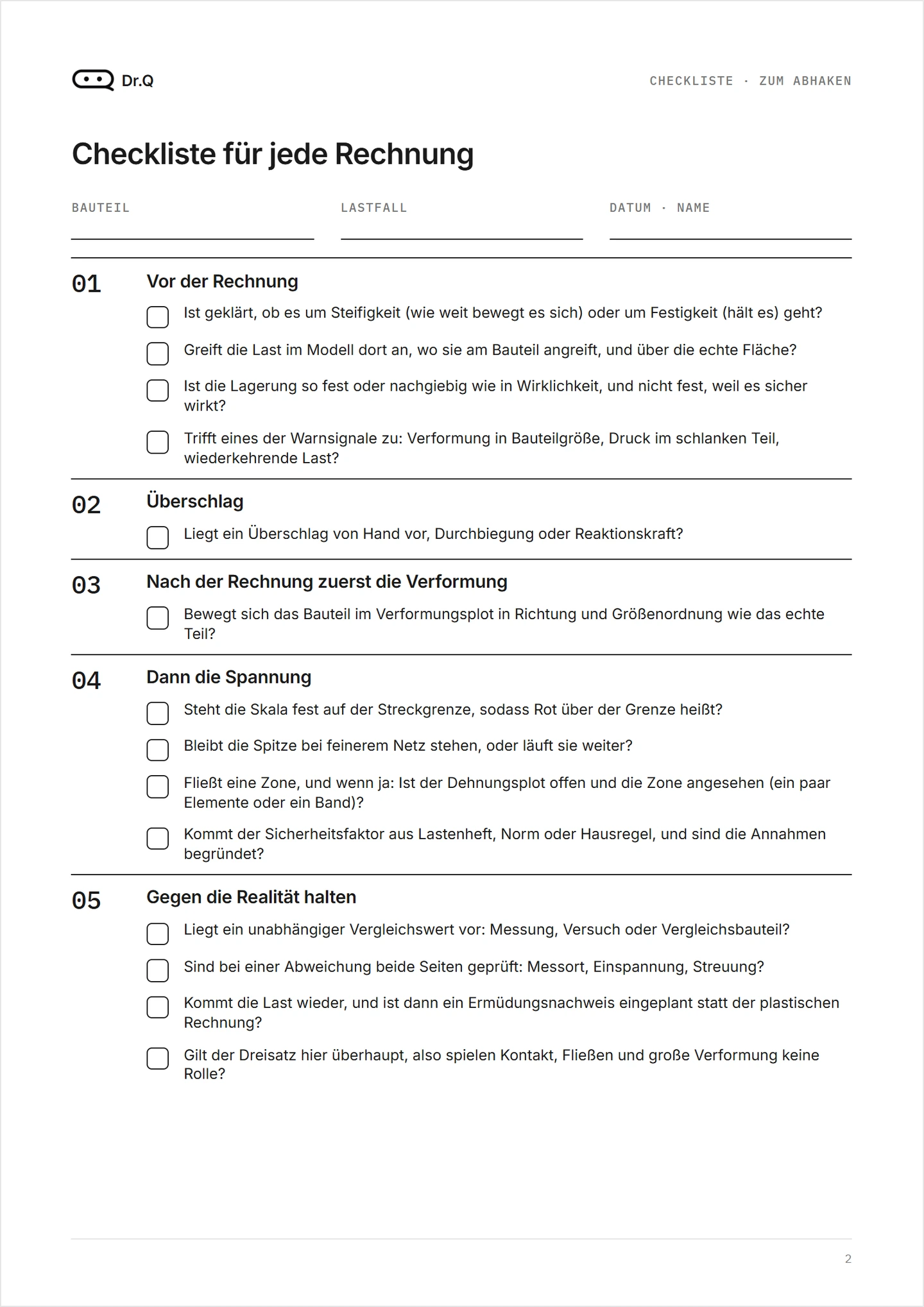 Blatt 2 des PDFs: die Checkliste mit 14 Fragen in fünf Stationen, zum Ausdrucken.