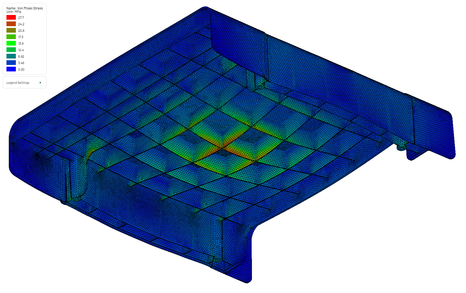 Case 2 stress result: von Mises stress up to 27.7 MPa, showing a shifted and higher peak